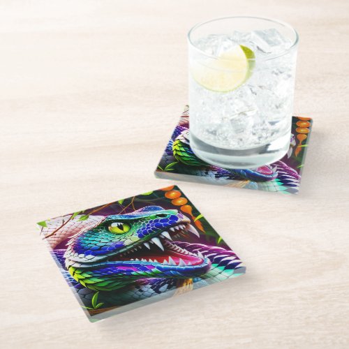 Cobra snake with vibrant turquoise and blue scales glass coaster