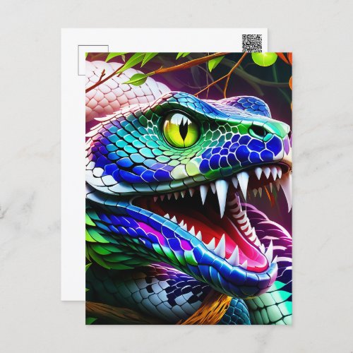 Cobra snake with vibrant turquoise and blue scales postcard