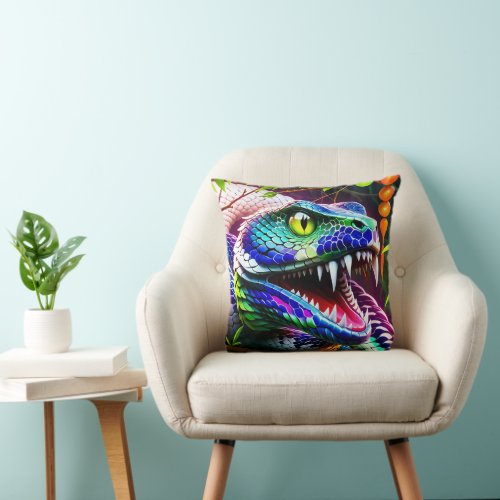 Cobra snake with vibrant turquoise and blue scales throw pillow