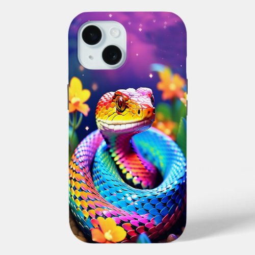 Cobra snake with vibrant turquoise pink and yellow iPhone 15 case
