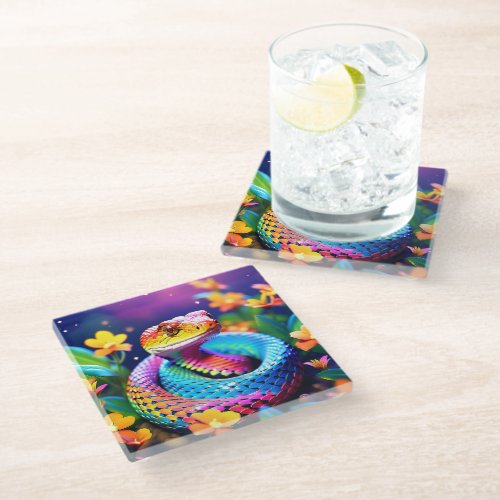 Cobra snake with vibrant turquoise pink and yellow glass coaster