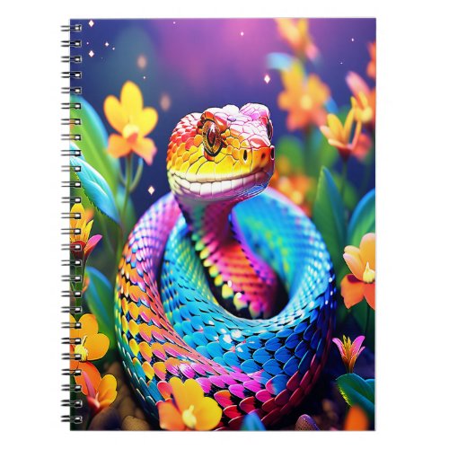 Cobra snake with vibrant turquoise pink and yellow notebook