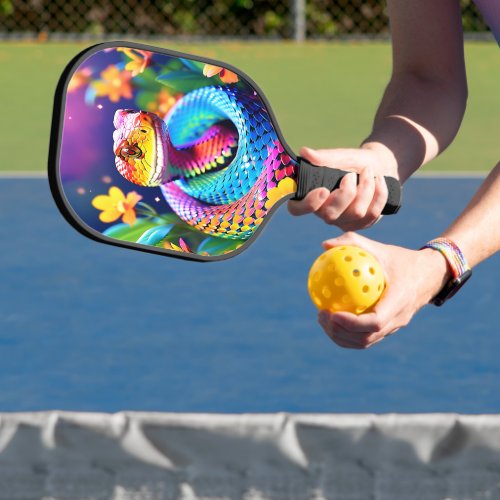 Cobra snake with vibrant turquoise pink and yellow pickleball paddle