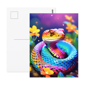 Cobra snake with vibrant turquoise pink and yellow postcard