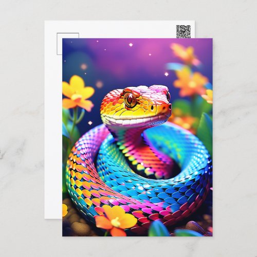 Cobra snake with vibrant turquoise pink and yellow postcard