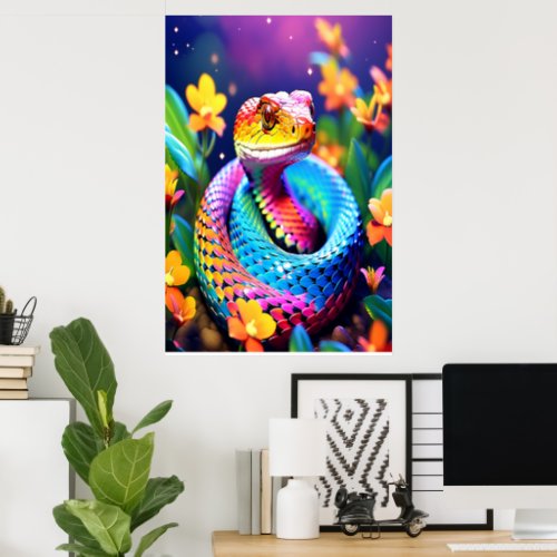 Cobra snake with vibrant turquoise pink and yellow poster