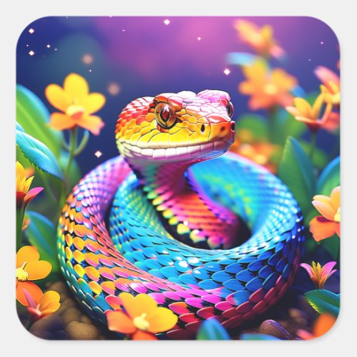 Cobra snake with vibrant turquoise pink and yellow square sticker