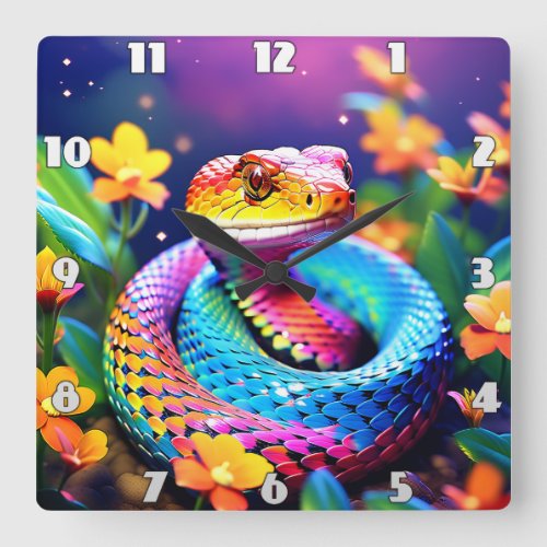 Cobra snake with vibrant turquoise pink and yellow square wall clock