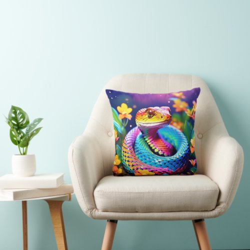 Cobra snake with vibrant turquoise pink and yellow throw pillow