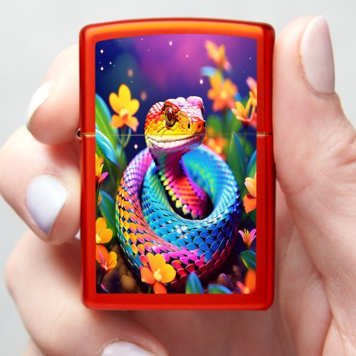 Cobra snake with vibrant turquoise pink and yellow zippo lighter