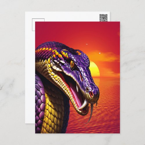 Cobra snake with vvibrant purple and yellow scales postcard