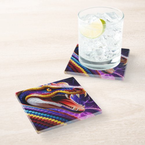 Cobra vibrant red blue and yellow scales  glass coaster