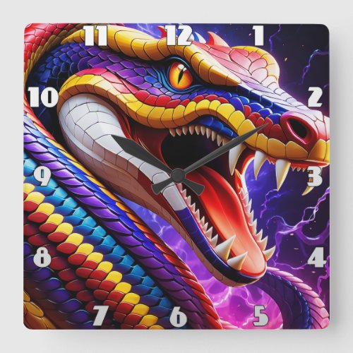 Cobra vibrant red blue and yellow scales  square wall clock