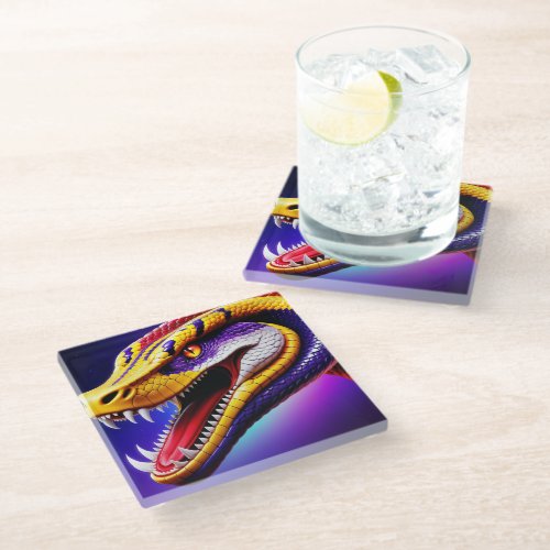 Cobra vibrant red purple white and yellow scales  glass coaster