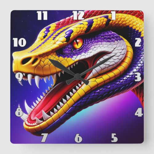 Cobra vibrant red purple white and yellow scales  square wall clock
