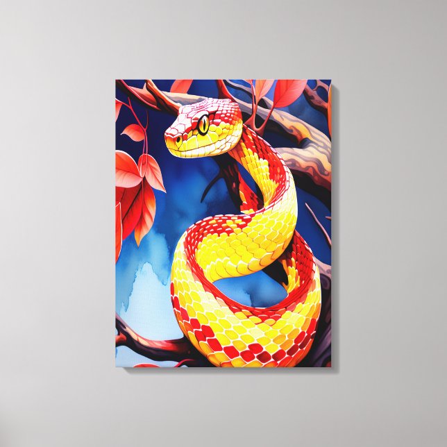 Cobra with vibrant red and yellow scales in tree canvas print (Front)