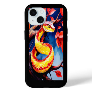 Cobra with vibrant red and yellow scales in tree iPhone 15 case