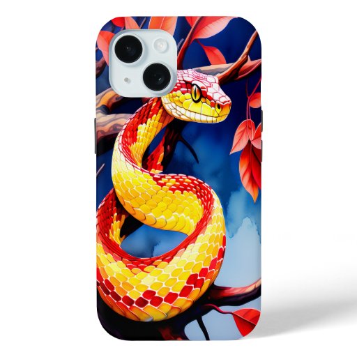 Cobra with vibrant red and yellow scales in tree iPhone 15 case