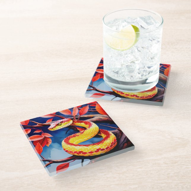 Cobra with vibrant red and yellow scales in tree glass coaster (Angled)