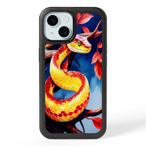 Cobra with vibrant red and yellow scales in tree iPhone 15 case