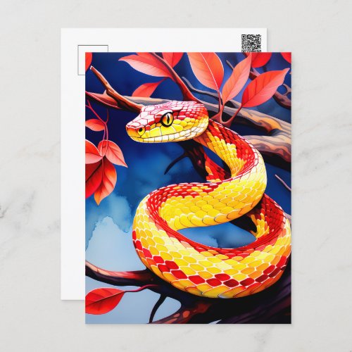 Cobra with vibrant red and yellow scales in tree postcard