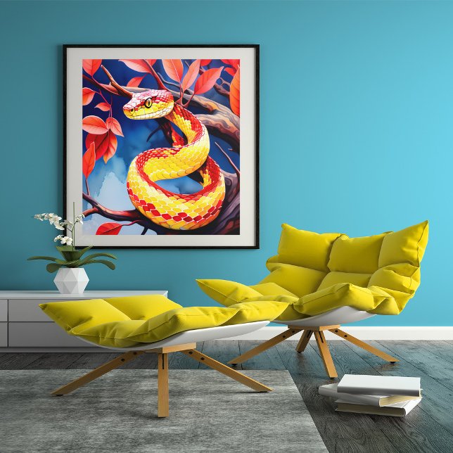 Cobra with vibrant red and yellow scales in tree poster (Creator Uploaded)