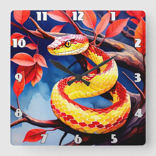 Cobra with vibrant red and yellow scales in tree square wall clock