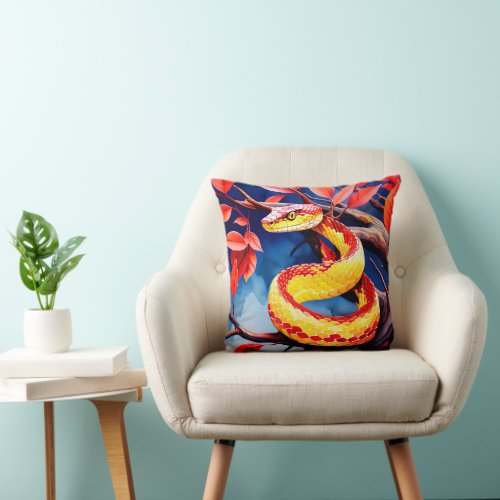 Cobra with vibrant red and yellow scales in tree throw pillow