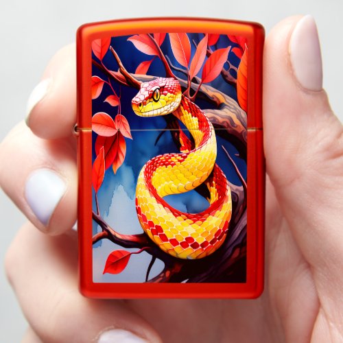 Cobra with vibrant red and yellow scales in tree zippo lighter