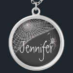 Cobwebs and White Spiders Silver Plated Necklace<br><div class="desc">Delicate cobwebs and white spiders on a black background. These are a great party favor.</div>