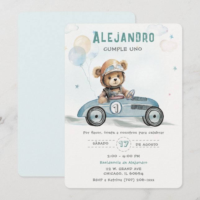 Coche de Carreras Osito Bebé Primer Cumpleaños Invitation (Front/Back)