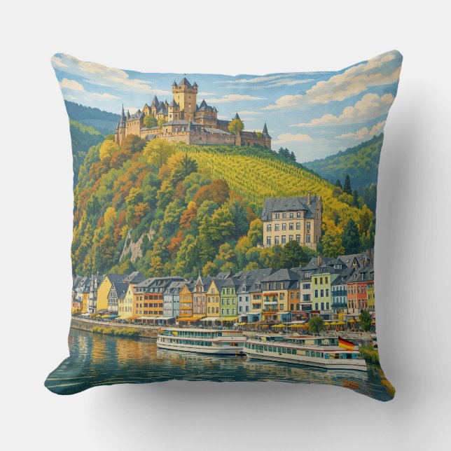Cochem Germany Vintage Travel Art Throw Pillow (Front)