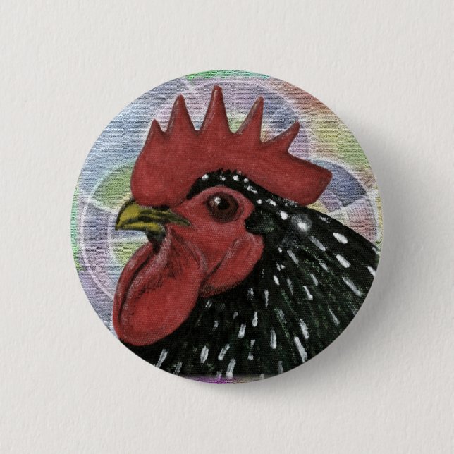 Cochin:  Decorative Rooster Head Pinback Button (Front)