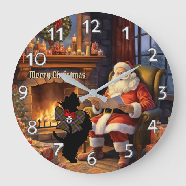 Cochrane Scottie Dog & Santa Personalized Xmas Large Clock (Front)