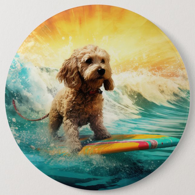 Cockapoo Beach Surfing Painting  Button (Front)