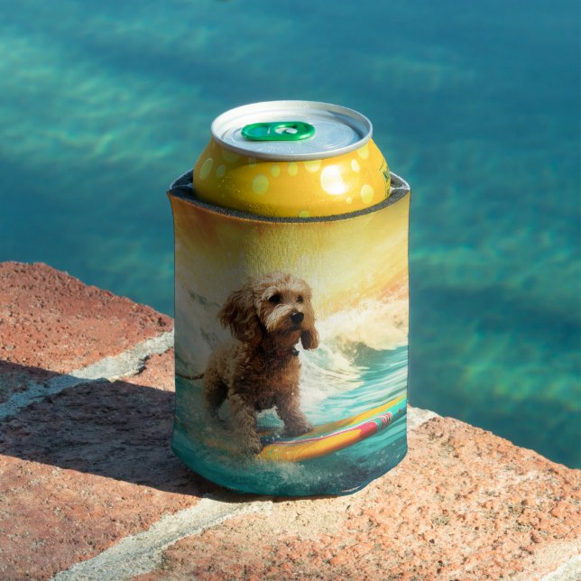 Cockapoo Beach Surfing Painting  Can Cooler (In Situ Pool)
