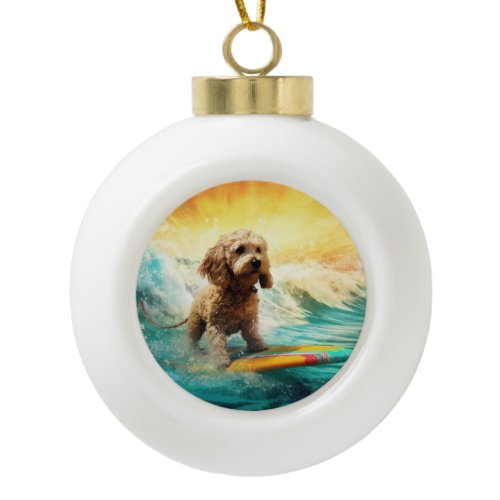 Cockapoo Beach Surfing Painting  Ceramic Ball Christmas Ornament