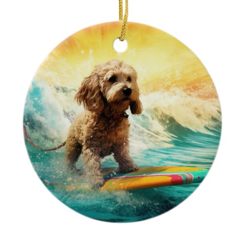Cockapoo Beach Surfing Painting  Ceramic Ornament