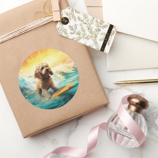 Cockapoo Beach Surfing Painting  Classic Round Sticker (Gifting)