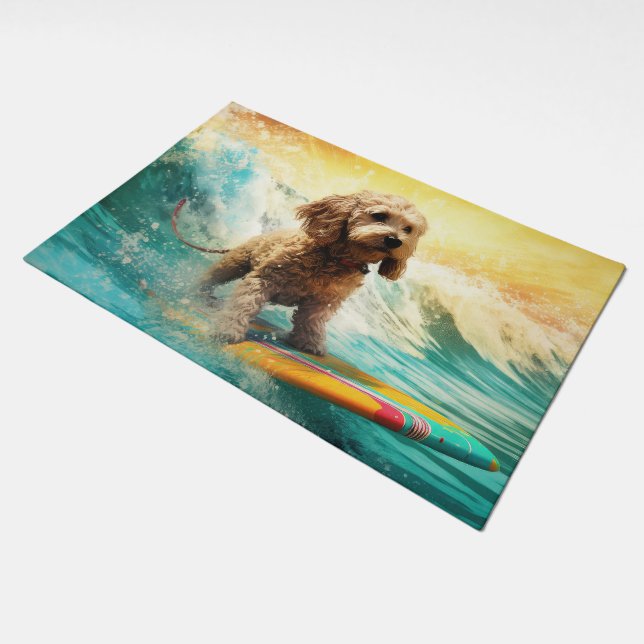 Cockapoo Beach Surfing Painting  Doormat (Angled)
