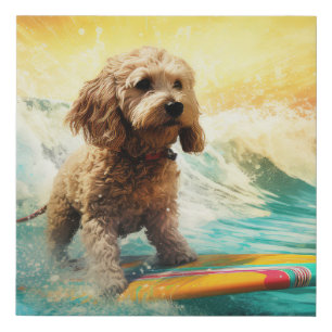 Cockapoo Beach Surfing Painting Faux Canvas Print