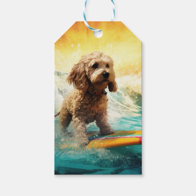 Cockapoo Beach Surfing Painting  Gift Tags (Front)