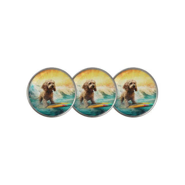 Cockapoo Beach Surfing Painting  Golf Ball Marker (3 Up)