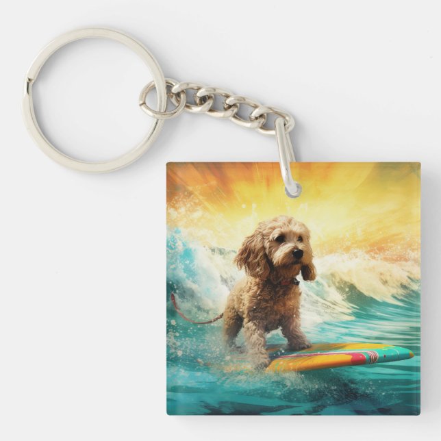 Cockapoo Beach Surfing Painting  Keychain (Front)