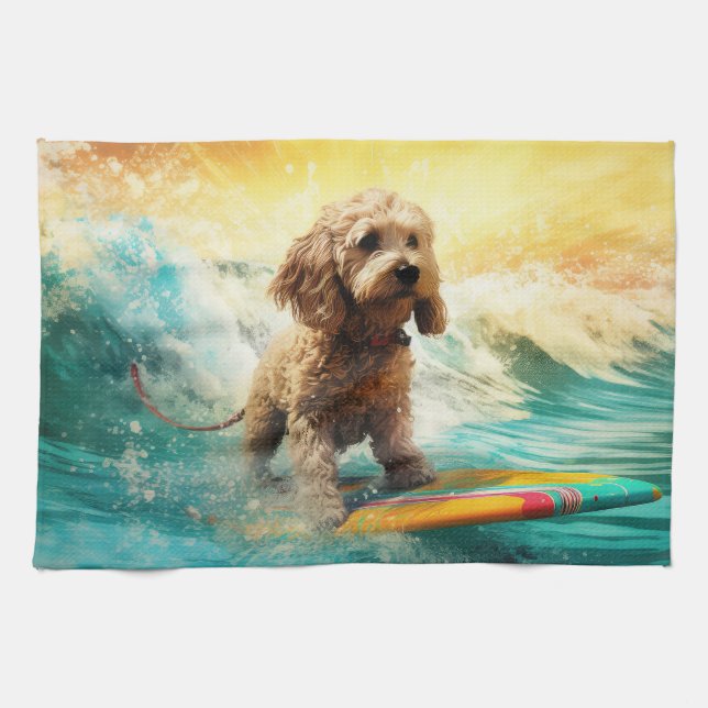 Cockapoo Beach Surfing Painting  Kitchen Towel (Horizontal)