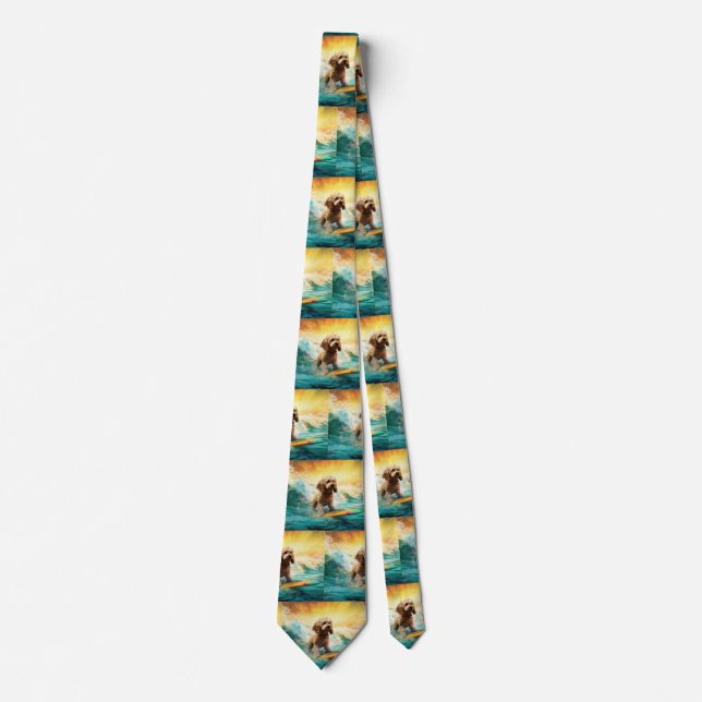 Cockapoo Beach Surfing Painting  Neck Tie (Front)