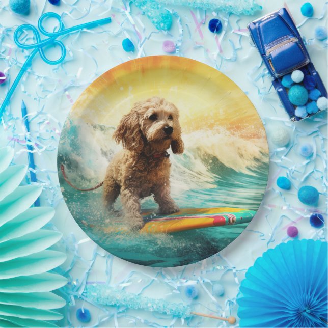 Cockapoo Beach Surfing Painting  Paper Plates (Party)