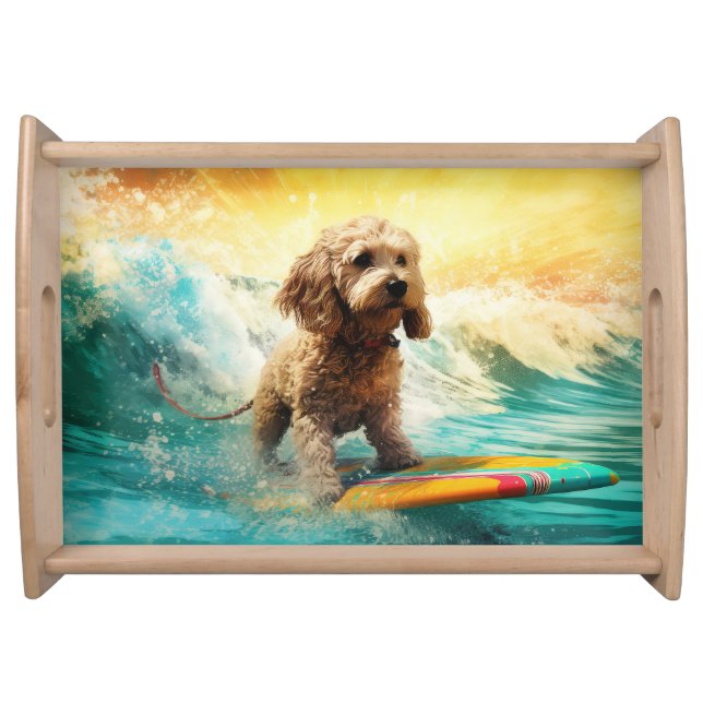 Cockapoo Beach Surfing Painting  Serving Tray (Front)