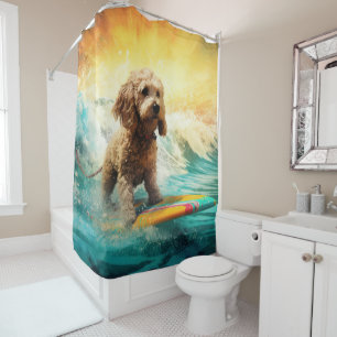 Cockapoo Beach Surfing Painting  Shower Curtain
