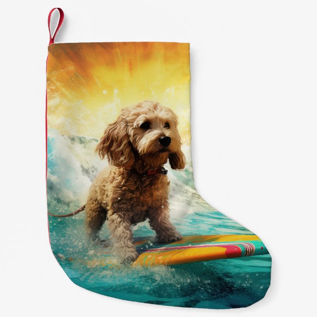 Cockapoo Beach Surfing Painting  Small Christmas Stocking (Front)